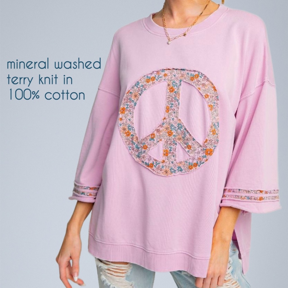 EASEL "Peace Petals" Mineral Washed Cotton Side Slits Peace Sign Patch Raw Seams - Picture 3 of 11